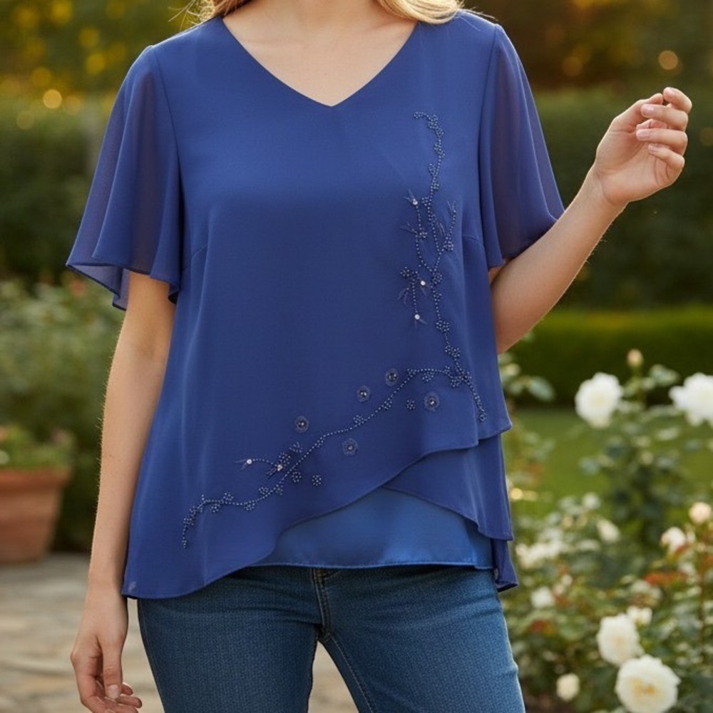 Studio I Blouse Womens 24W Blue Beaded Sequin Chiffon Layered V-Neck Top